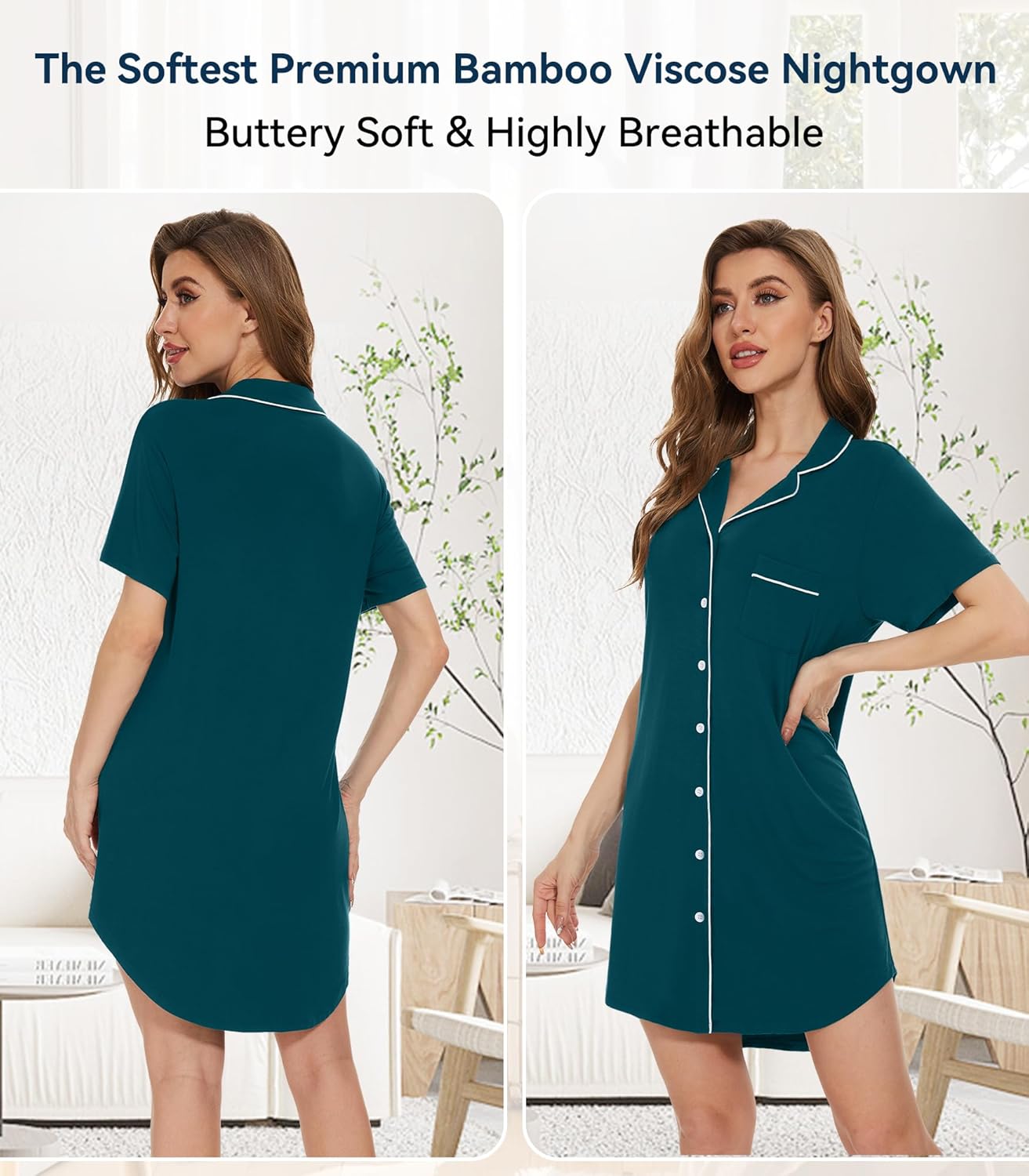 WiWi Nightgowns for Women- Viscose from Bamboo Short Sleeve Pajama Gowns Button Down Nightshirts S-XXL - Image 3