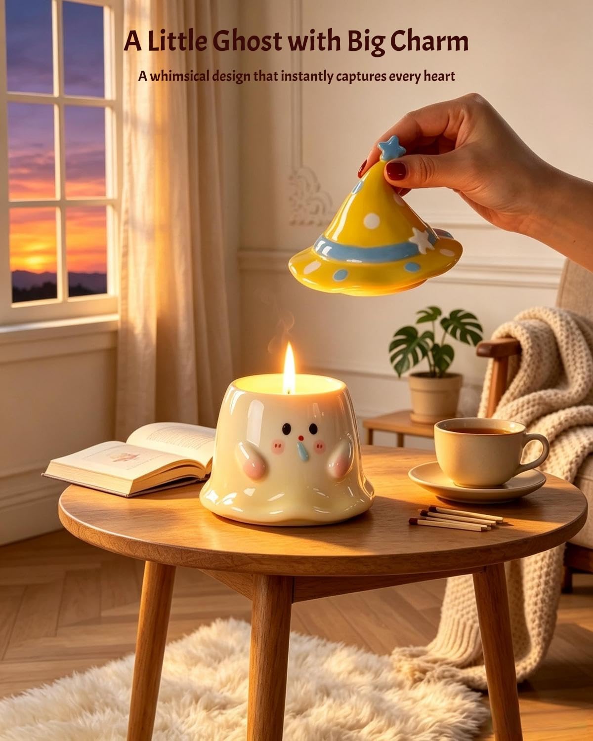 Candela profumata in ceramica con fantasma, candela di cera di soia naturale con stoppino in legno, candele decorative divertenti per la casa, regalo di lusso per le donne, 240 g, tempo di