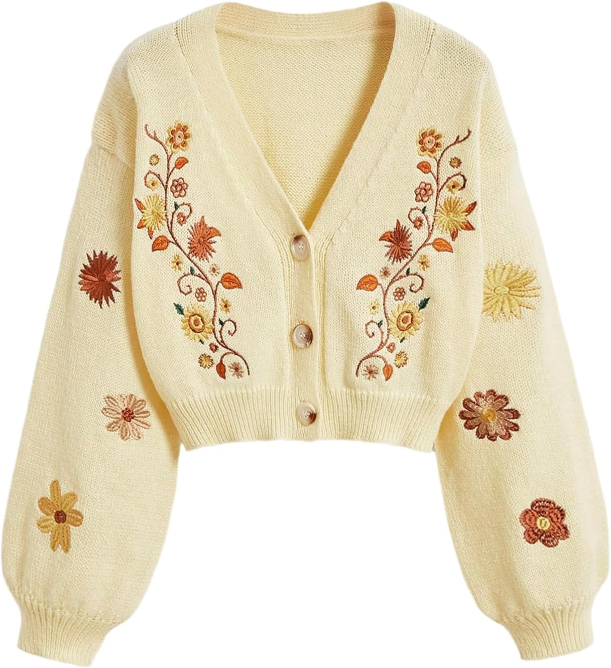 BEAUDRM Women's Floral Boho Cardigan Sweater Cottagecore Cropped Cardigan Western Embroidery Button Down Sweates Knit Top