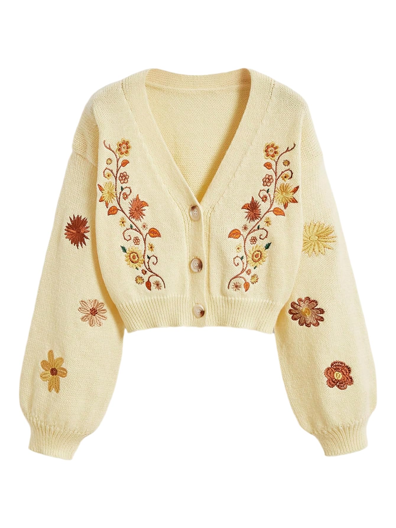 GORGLITTER Womens V Neck Floral Embroidered Cardigan Sweaters Lantern Sleeve Button Down Cropped Cardigan