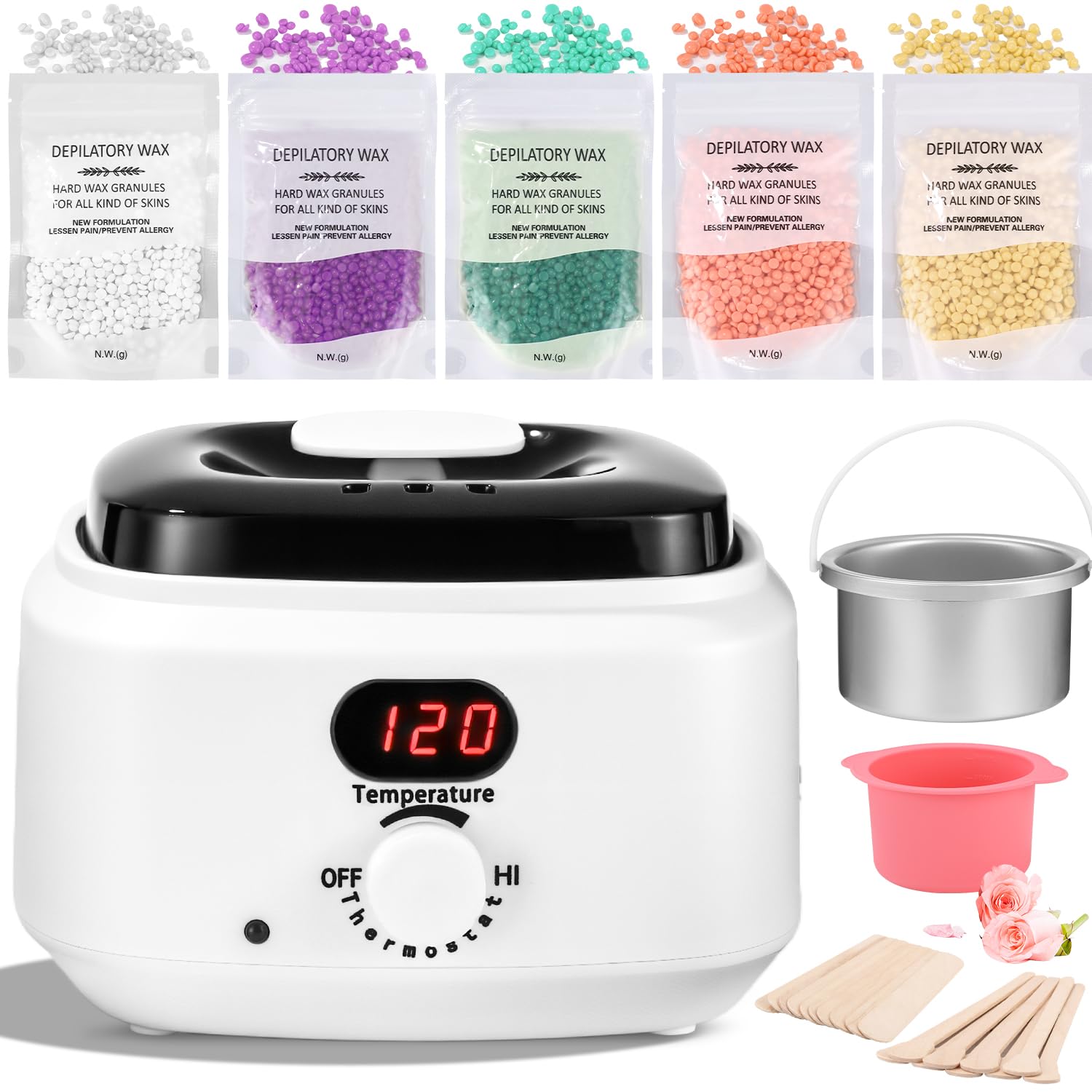 Scaldacera Professionale Display Digitale LCD con 400g Perle di Cera,20 Spatole, 1 Pentola di silicio,2 Olio per la Cura Prima e Dopo