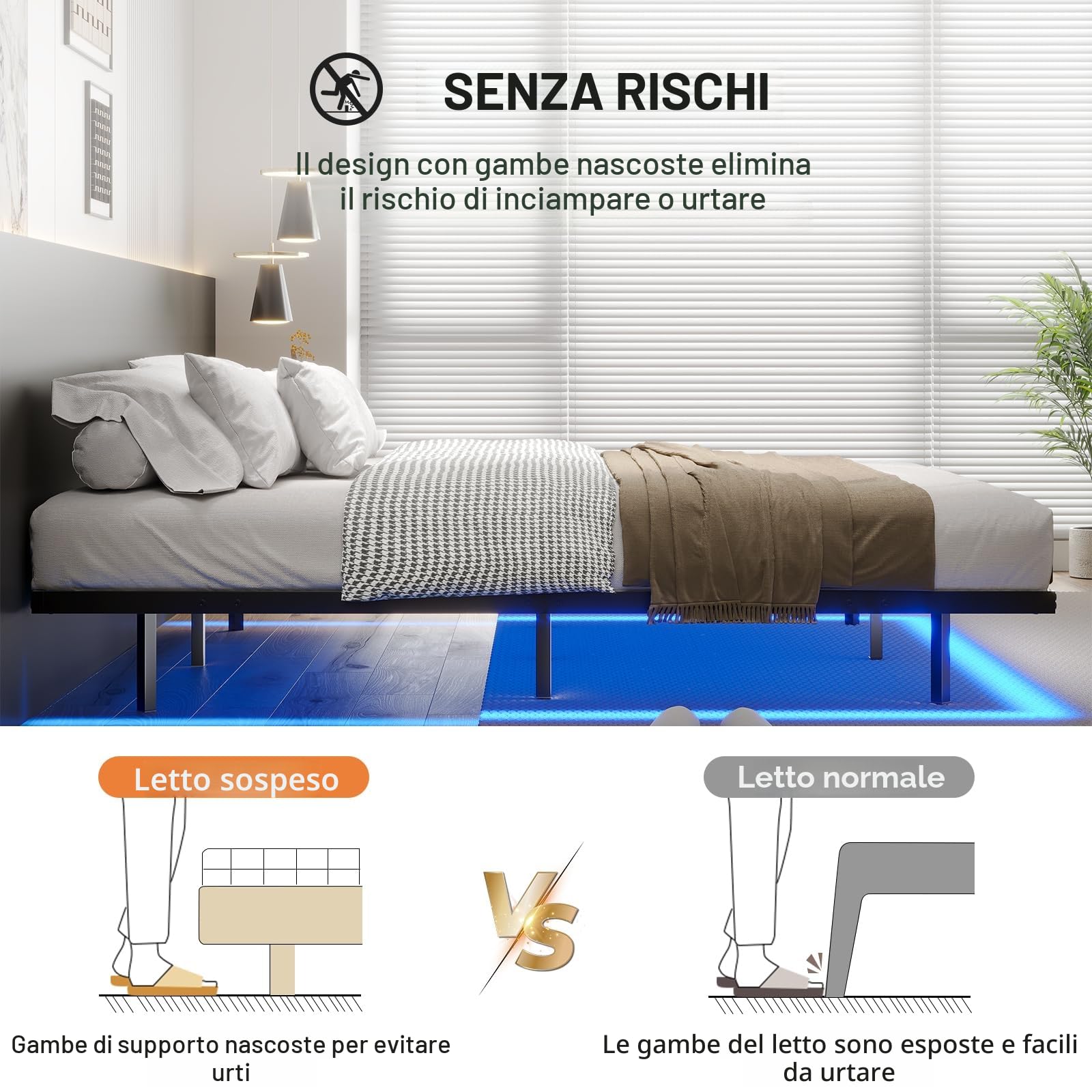 DICTAC Letto 180x200cm con Luce,Struttura Letto a Piattaforma in Metallo con Rete a Doghe Telaio Letto Matrimoniale Facile da Montare, Senza rumori per Modernità Camera da Letto, Nero