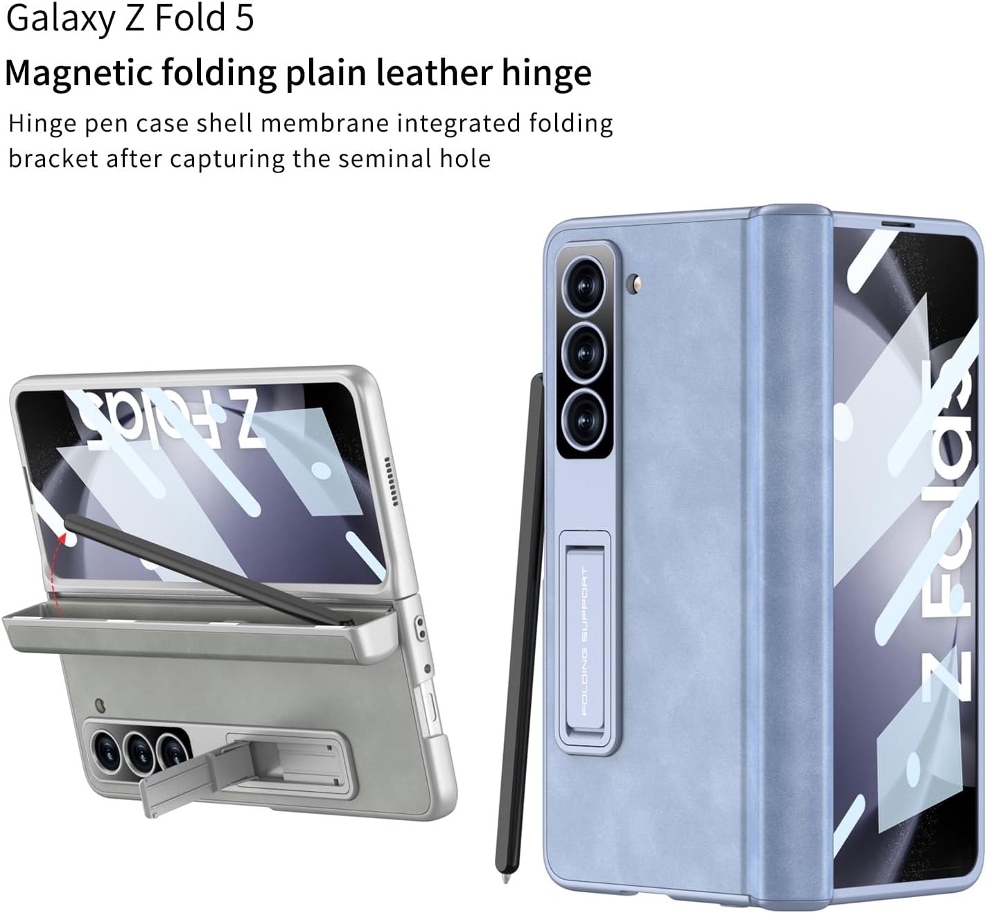 for Samsung Galaxy Z Fold 5 Case with Magnetic Hinge Protection & Built-in Front Screen and Kicstand,Hidden S-Pen Slot and Frosted Slim Texture Case.(Sky Blue)