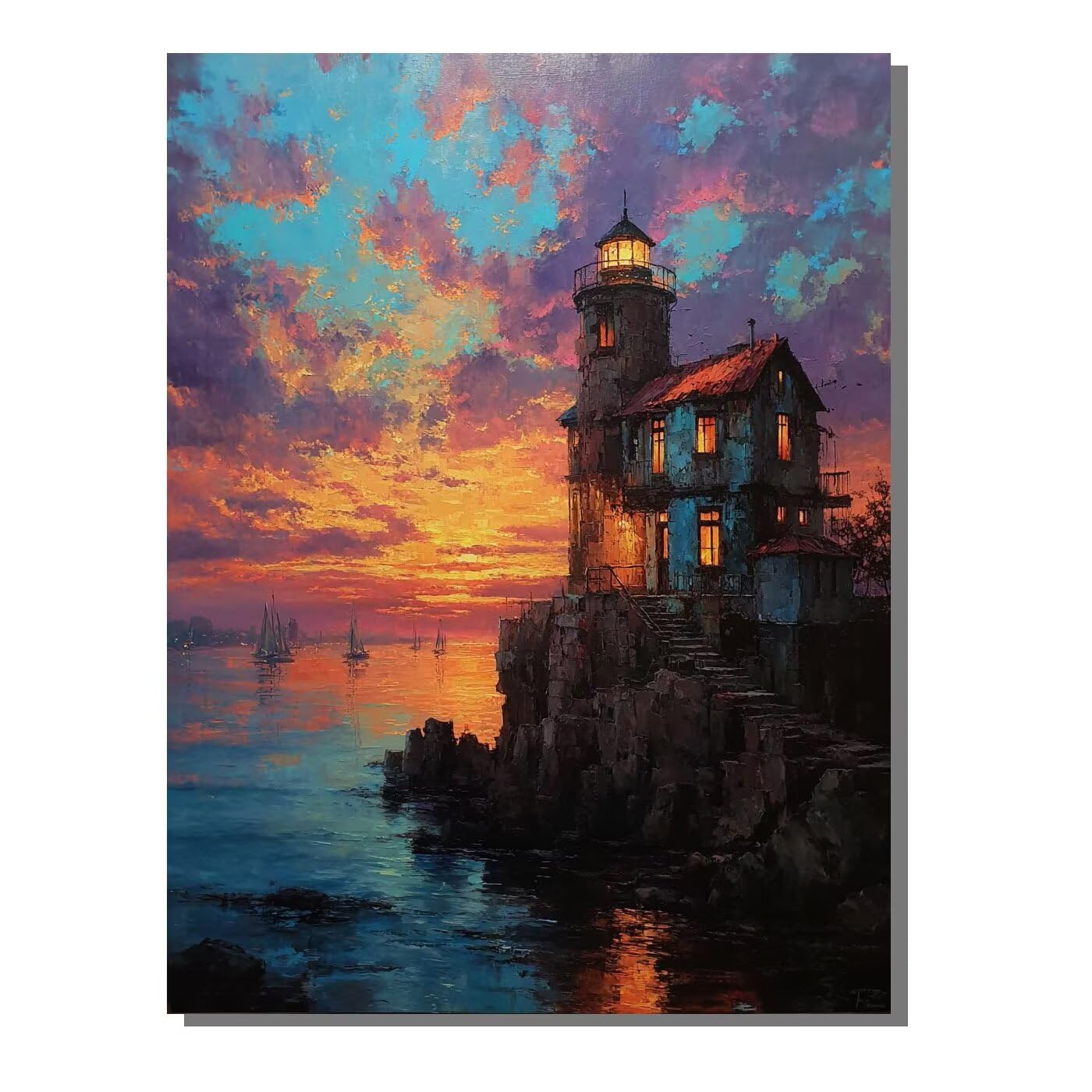 Landschaft Leuchtturm Malen Nach Zahlen Erwachsene, Paint by Numbers Adult Anfänger Kreativ Set, Heimwerk Malen Nach Zahlen Kinder, Pinsel und 36 Acrylfarbe Als, Deko Wohnzimmer 60 x 80 cm BJHWK313