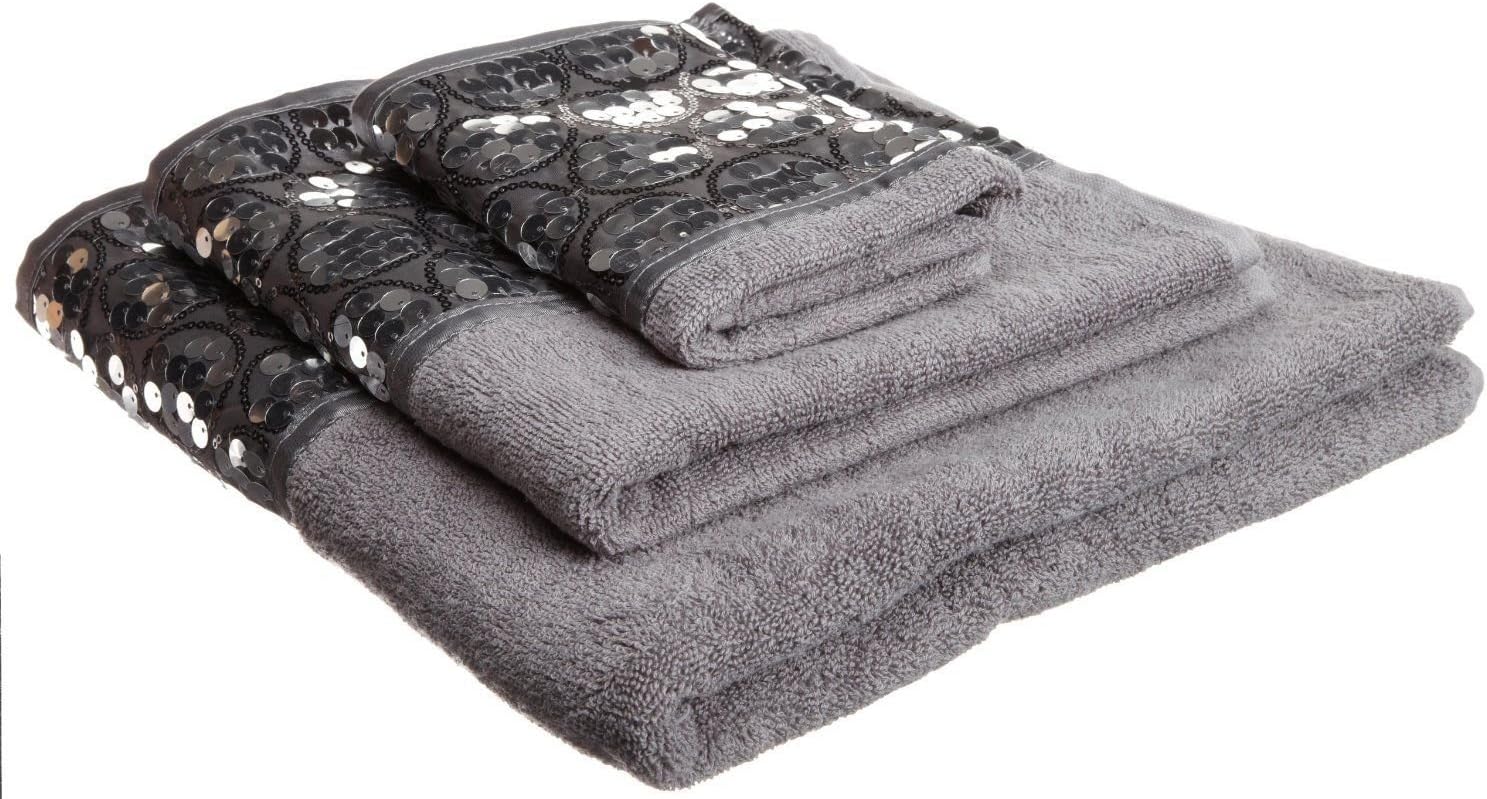 Popular Bath Sinatra Modern Bathroom Towel Set 3 Piece Bath, Hand and Wash Towel Luxury Contemporary Decor Bling , Soft, Plush and Highly Absorbent, Silver