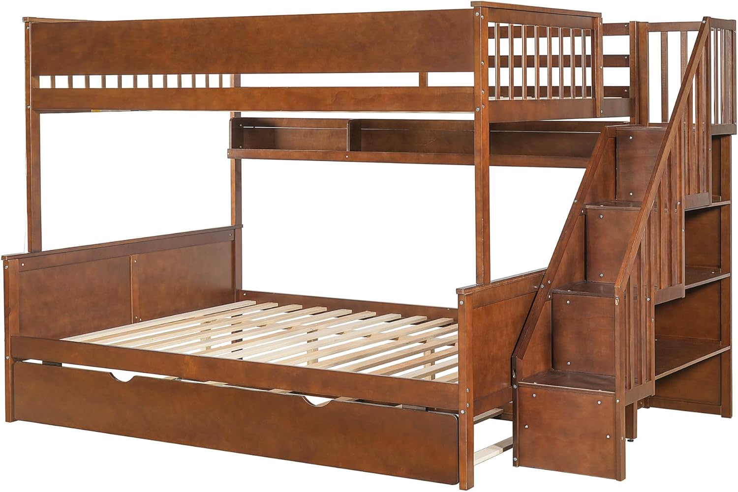 Harper & Bright Designs Bunk Bed Frame Full XL Over Queen with Stairs and Trundle, Solid Wood Bunk Bed with Storage Shelves, Staircase and LED Light for Kids Teens Adults, Walnut