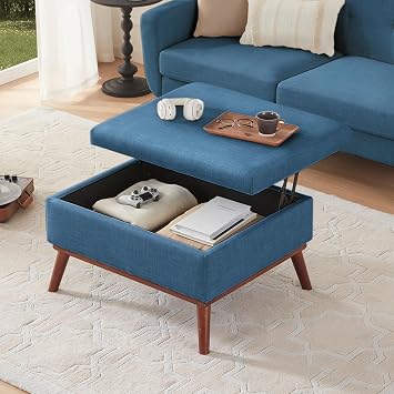 Tbfit Large Ottoman with Storage, 28.3" Mid Century Modern Rectangle Coffee Table with Lid Lifting Function, High Wooden Legs, Oversized Storage Ottomans for Living Room, Office, Blue