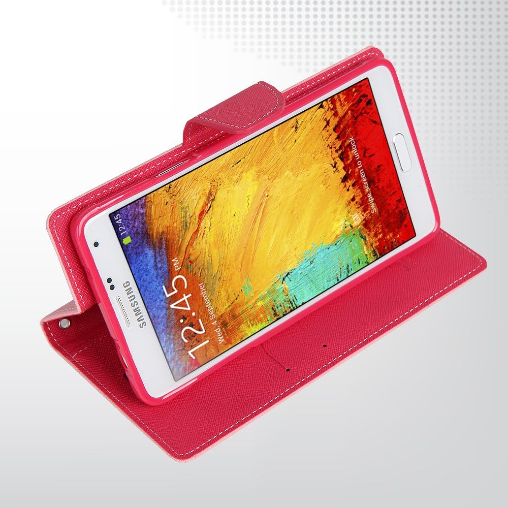 Galaxy NOTE 3 Case, [Drop Protection] Goospery® Fancy Diary Premium Synthetic Saffiano Leather [Wallet Type] Case [ID Credit Card Slots + Cash Pocket] Cover with Flip Stand for Samsung Galaxy Note 3 [Note III] - Pink / Hot Pink