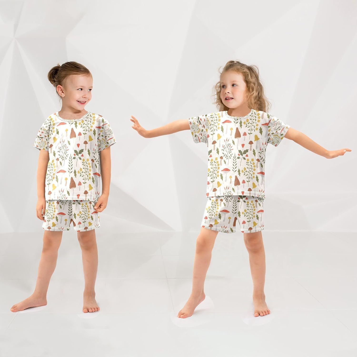 Kids Short Sets Vintage Botanical Herbs Girls Boys Summer Short Set Mushrooms Casual Short Sleeve T-Shirt Shorts Set