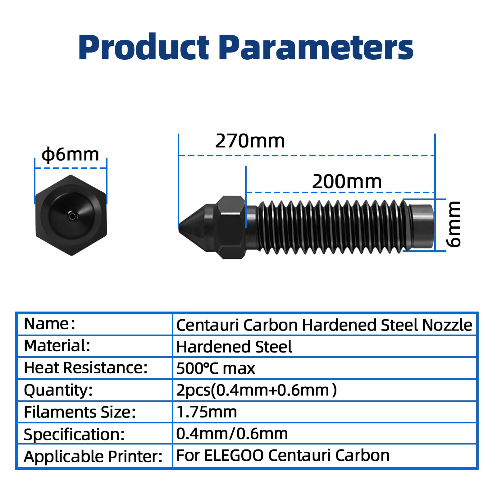 IdeaFormer Centauri - Set di 6 hotend in carbonio per Elegoo, estrusore testina di stampa hot end con ugello in acciaio temprato da 0,4 mm e 0,6 mm, 3 spazzole per Elegoo Centauri Carbon
