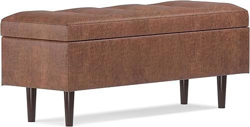 Miniatura 7 de SIMPLIHOME Shay - Otomana rectangular moderna de mediados de siglo de 48 pulgadas de ancho en piel sintética vegana envejecida, color marrón, Sillín