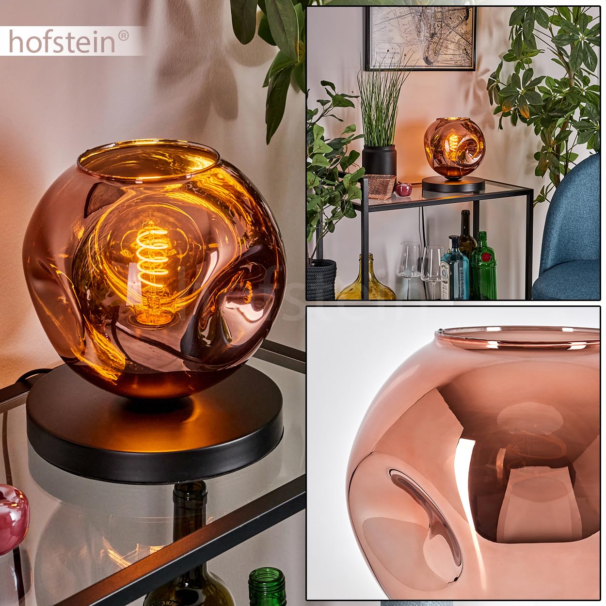 Tischleuchte Apedo, Tischlampe aus Metall/Glas in Schwarz/Kupferfarben, Leuchte im modernen Retro/Vintage-Design mit Schirm aus Glas (Ø 20 cm) u. An/-Auschalter am Kabel, 1 x E27, ohne Leuchtmittel