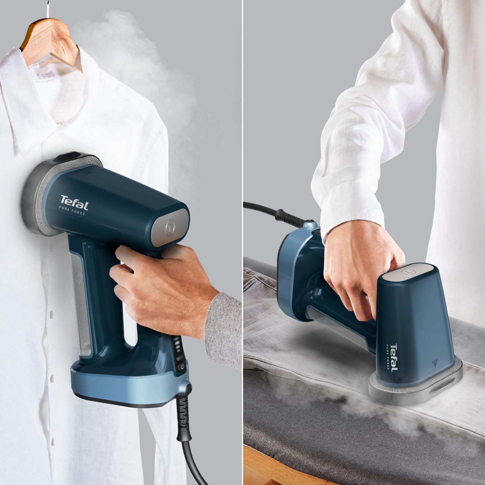 Tefal Pure Force DT8755E0 Défroisseur vapeur 3 en 1, semelle en céramique, débit de vapeur 35 g/min, effet pressing 90 g/min, 4 niveaux de vapeur, côté anti-peluches, réservoir d'eau amovible 180 ml