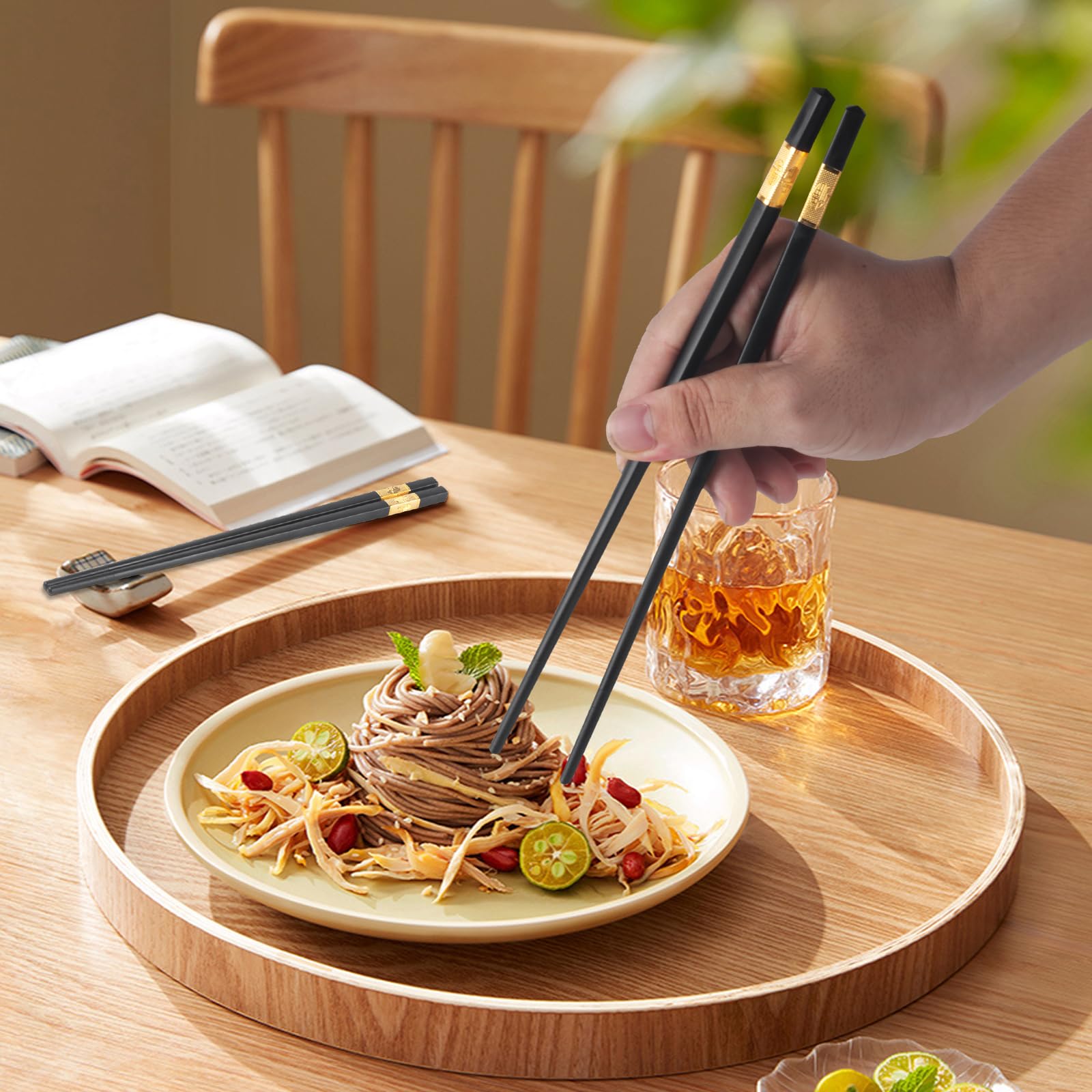 10 Paia Bacchette Sushi in Lega Lavabili in Lavastoviglie, Riutilizzabili, Giapponesi Cinesi, Chopsticks Antiscivolo per Piatti Asiatici - Nere