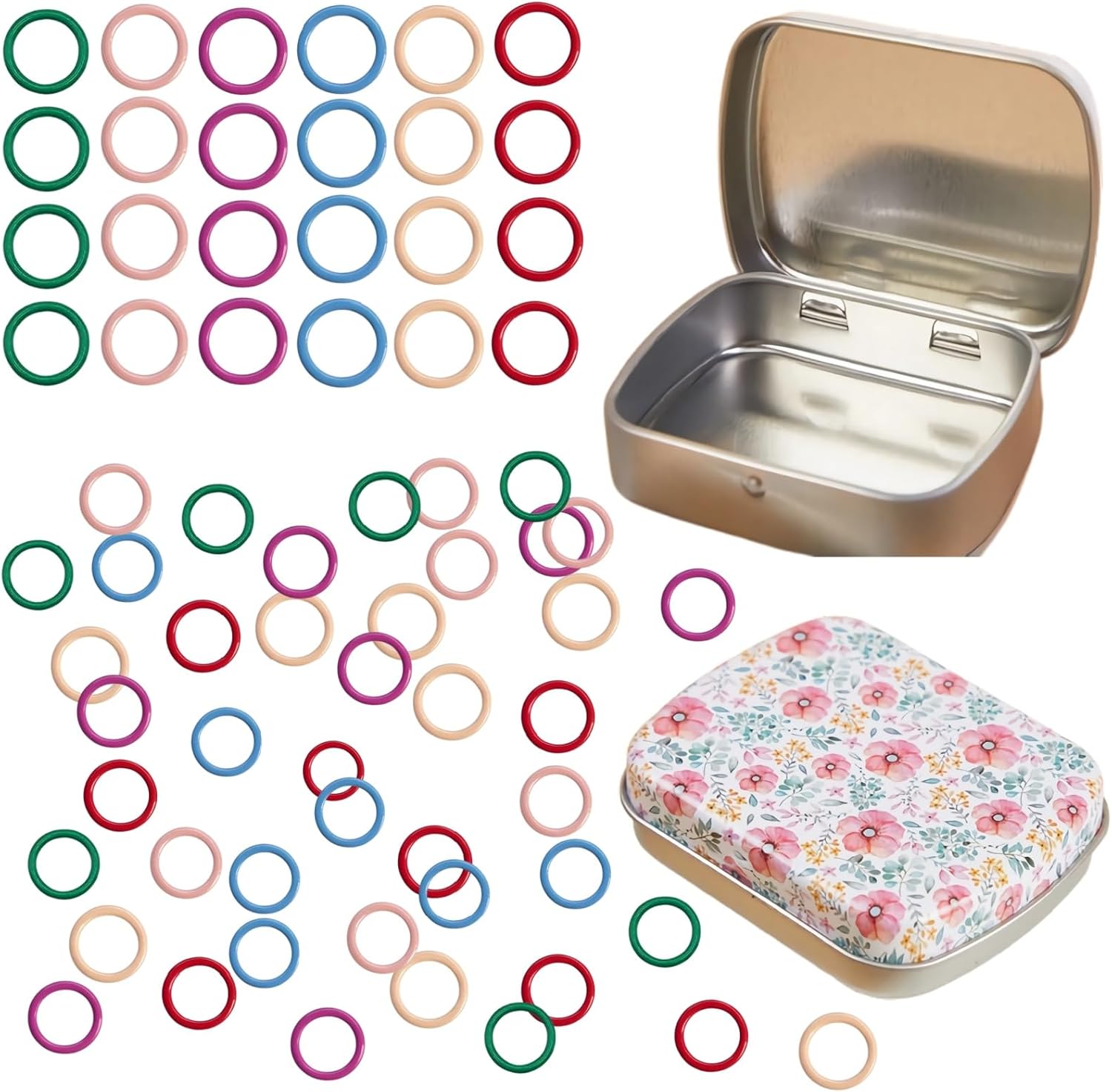 50Pcs Round Shape Knitting Stitch Marker with Floral Design Small Tin Box