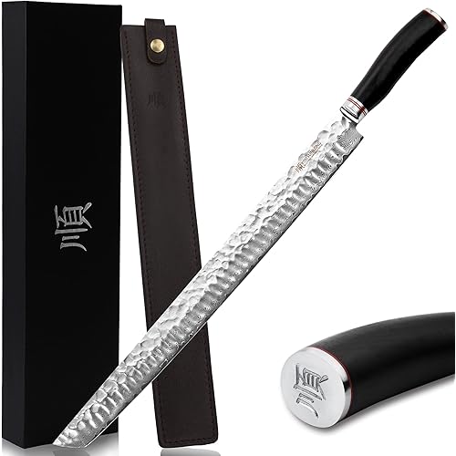 YOUSUNLONG Sakimaru Knife 15 inch(380mm) Ultimate Japanese Damascus Steel Fillet Knives Suitable for cutting tuna and salmon-Natural Ebony Handle With Leather Sheath