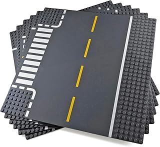 Apostrophe Games Road Baseplate – Premium Building Blocks Base Plates Compatible with All Major Brands – 6pcs Baseplate Gray with Road Design – Straight, Curve, Crossroad, T-Junction