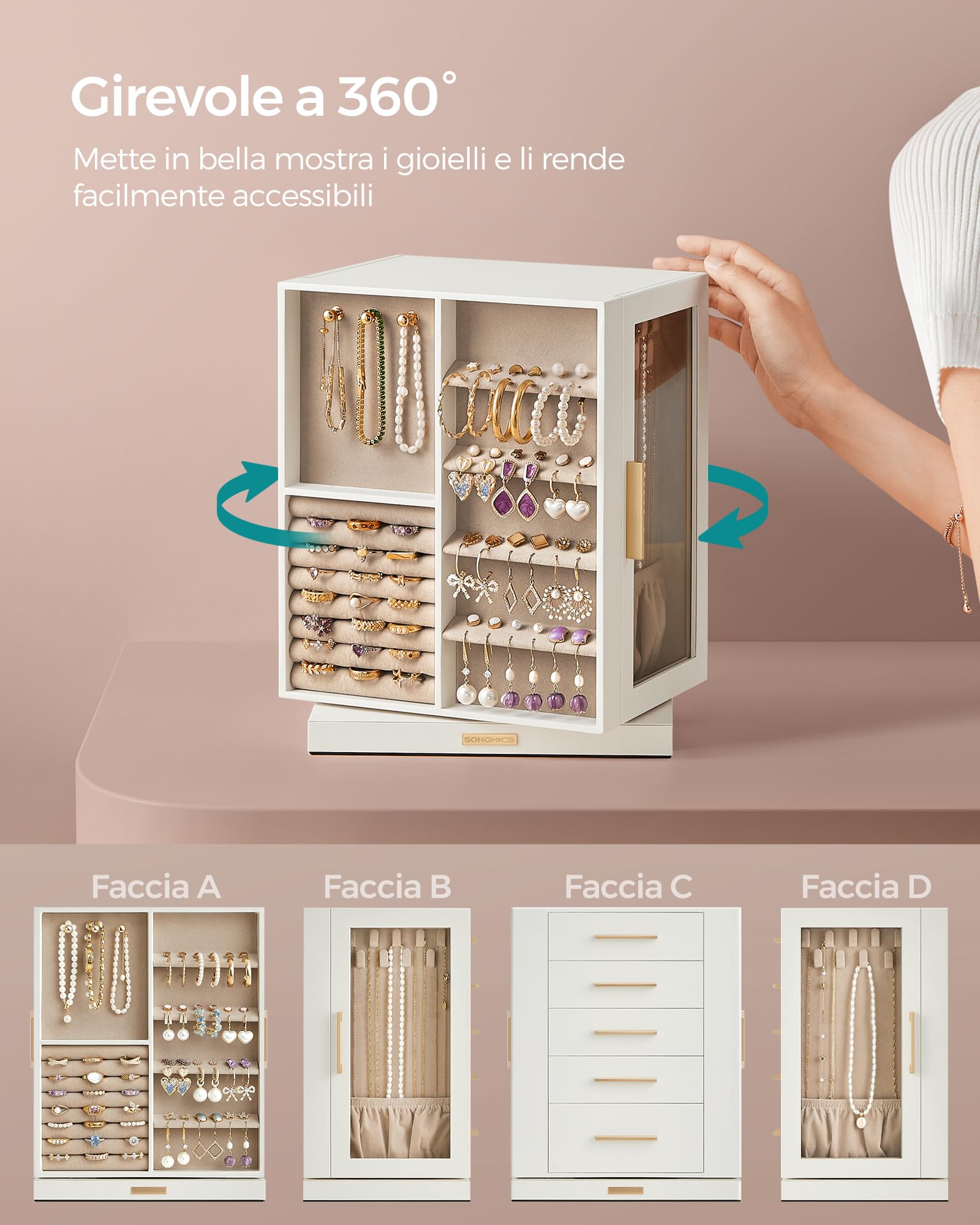 SONGMICS GISELLA Collezione - Scatola Portagioie Girevole a 360°, Porta Gioielli Verticale con 5 Cassetti, Finestre in Vetro, Capiente, Design Aperto, Idea Regalo, Bianco Nuvola JBC170W01