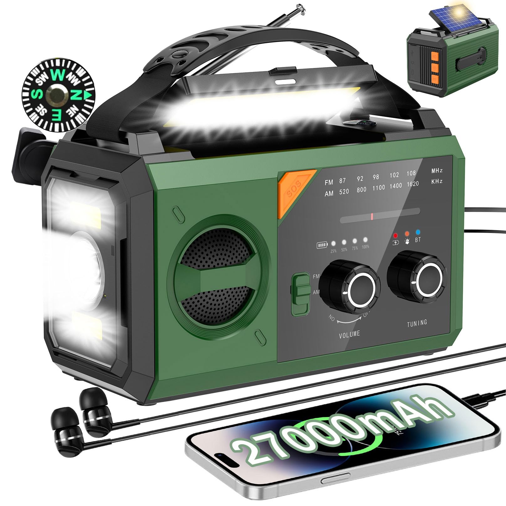 Kurbelradio mit Handyladefunktion Solar, AM/FM Solar Radio 3 Lademethoden 8 in 1 Tragbares Notfallradio mit Powerbank