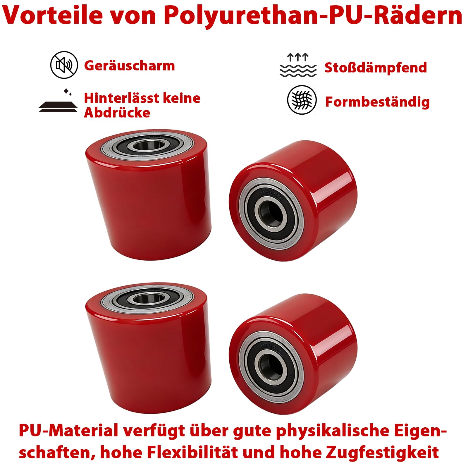 4 Stück Hubwagen rollen Polyurethan 80 x 70 mm,Achse 20 mm,Max 600 KG,Rot | Rollen mit kugellager,Hubwagen ersatzteile,Abriebfester,für Hubwagen Ersatzrollen,schont den Boden,geräuscharm