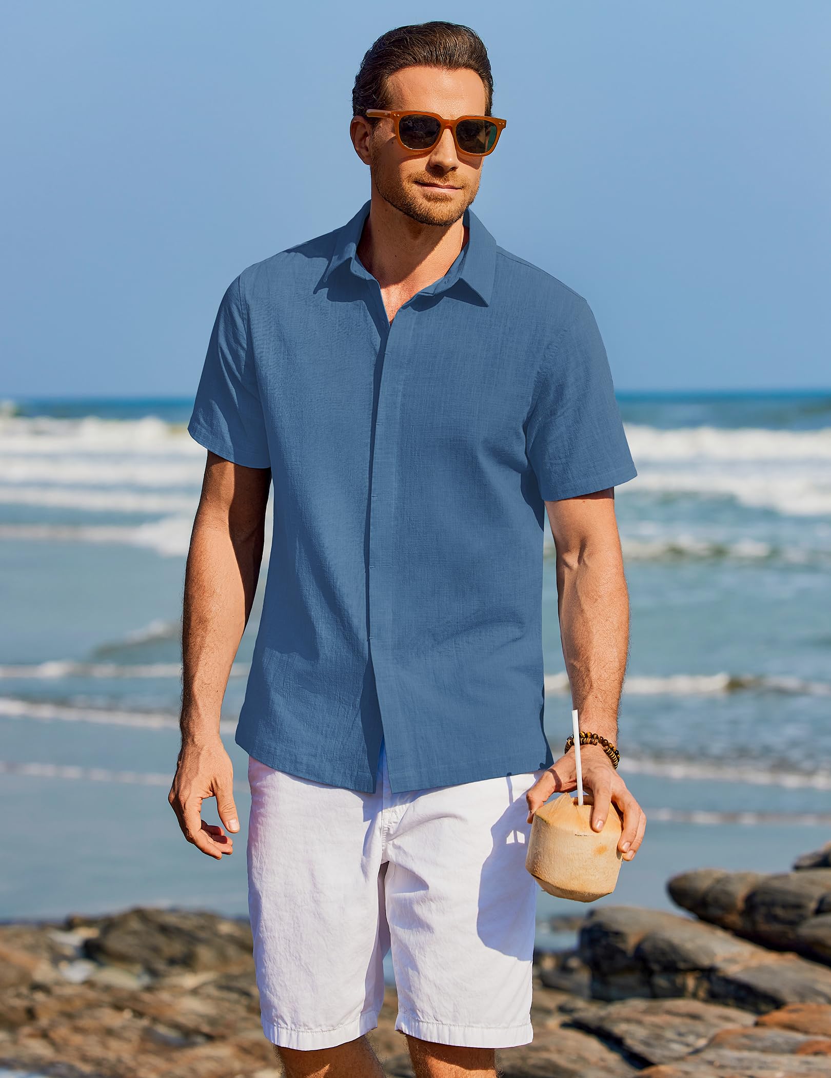 COOFANDY Camisa Hombre Manga Corta 100% Algodón Casual Regular Fit