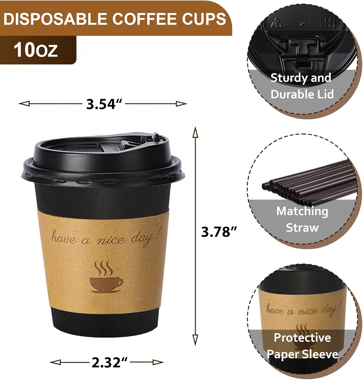 100 pack 10 oz Thickened Coffee Cups with Lids, Scald Resistant Hot Cups with Sleeve and Straw, To Go Coffee Cups for Home, Office, Cafes and Party (Black 10oz) - Image 3