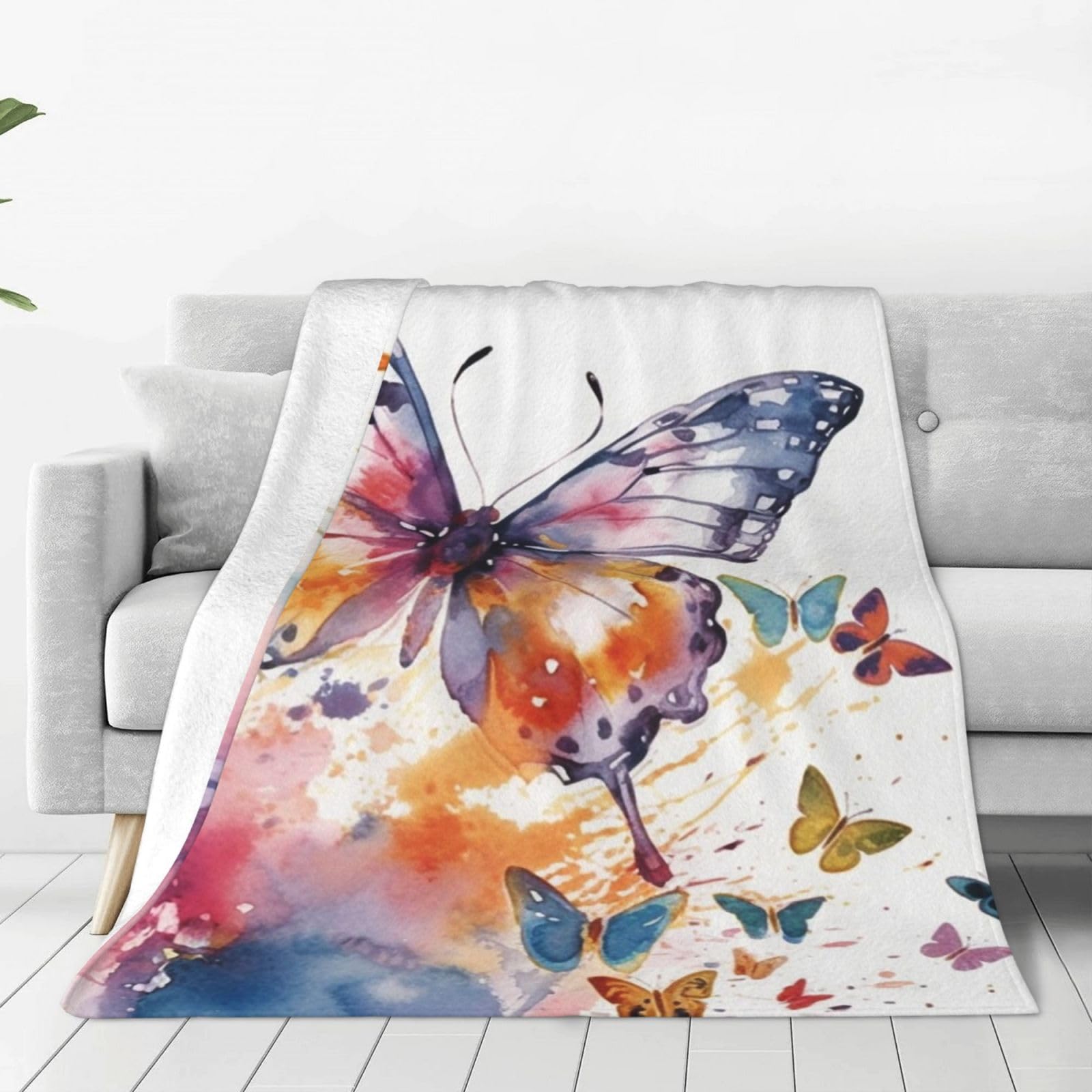 Watercolor Butterfly Throw Blanket for Couch, Plush Fuzzy Soft Flannel Blankets and Throws for Sofa, 80"x60" Bed Blankets for Travel Camping Chair, All Season Warm Fleece Blanket