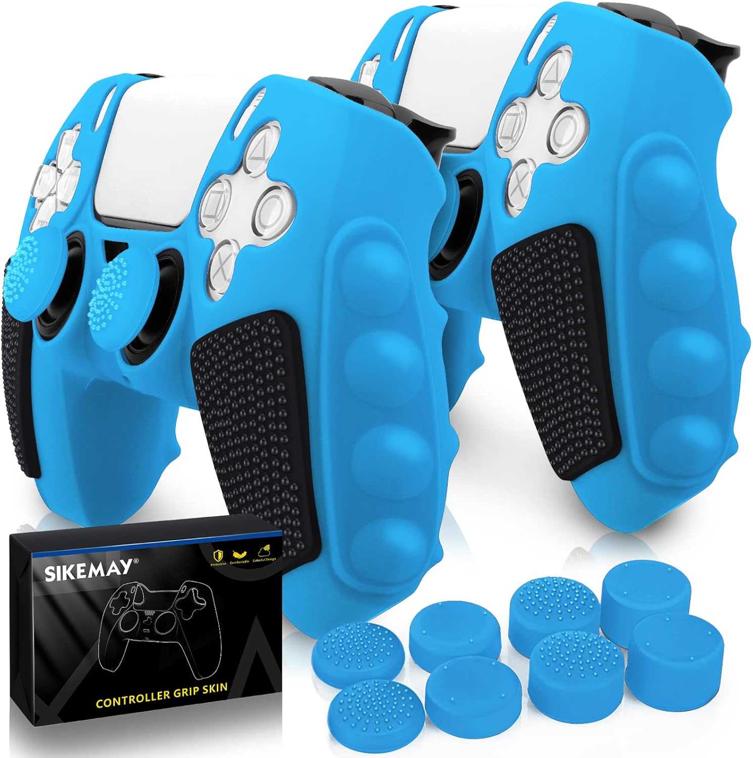 SIKEMAY Anti-Slip PS5 Controller Skin, Soft Thicken Non-Slip Studded Silicone Gel Grip Protective Cover Case for PlayStation 5 Controller Grip, 2 Pack with 8 x Thumb Grip Caps
