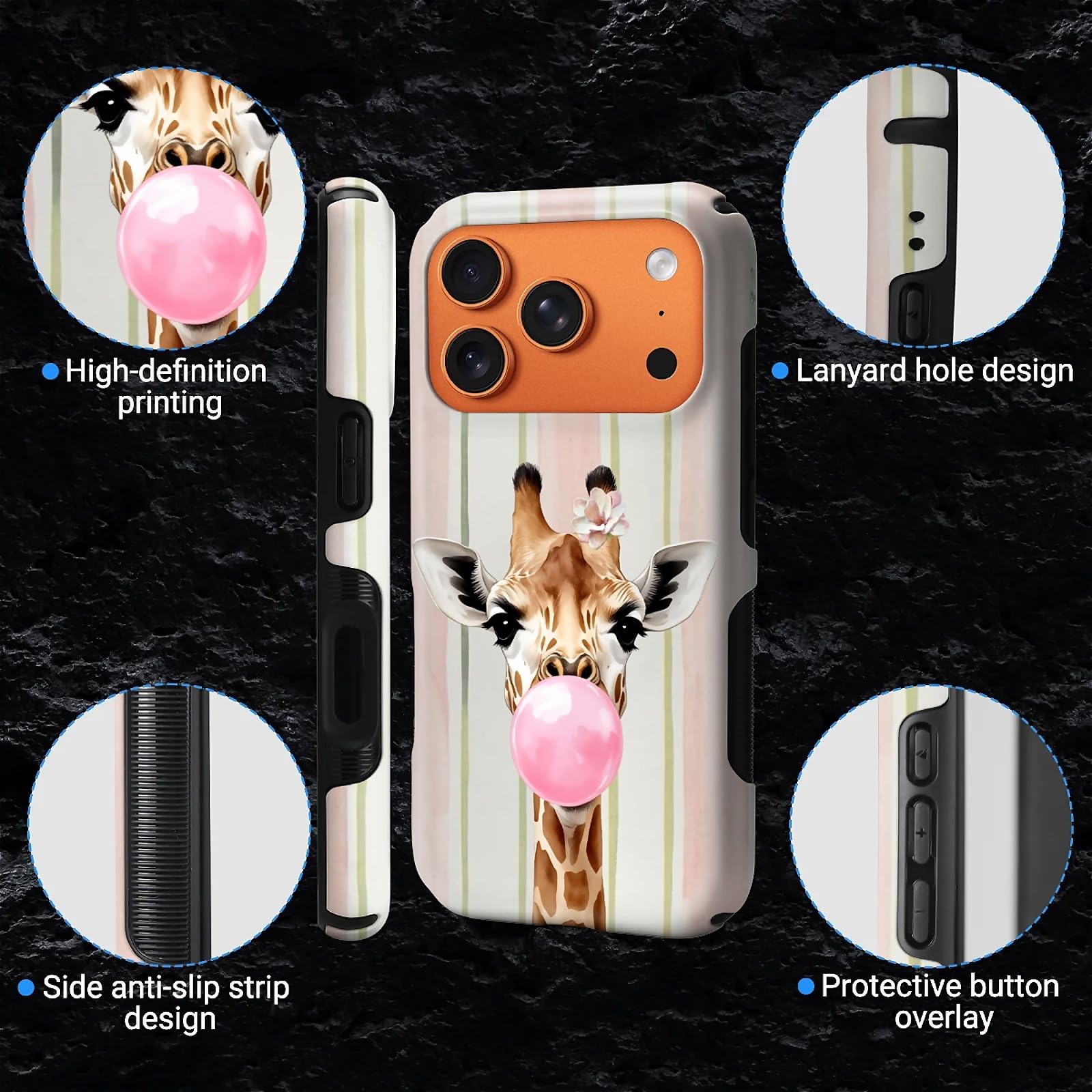 CARLOCA Compatibile con iPhone 17 Pro Custodie 2 in 1 in silicone antiscivolo per MagSafe fornisce una protezione completa per iPhone 17 Pro con design a strisce rosa Bubblegum Giraffe