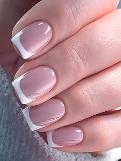 24pcs White French Tip Press on Nails Short Square Pink Fake Nails Glossy Acrylic Press on Nail for Women Girls with Adhesive Tabs
