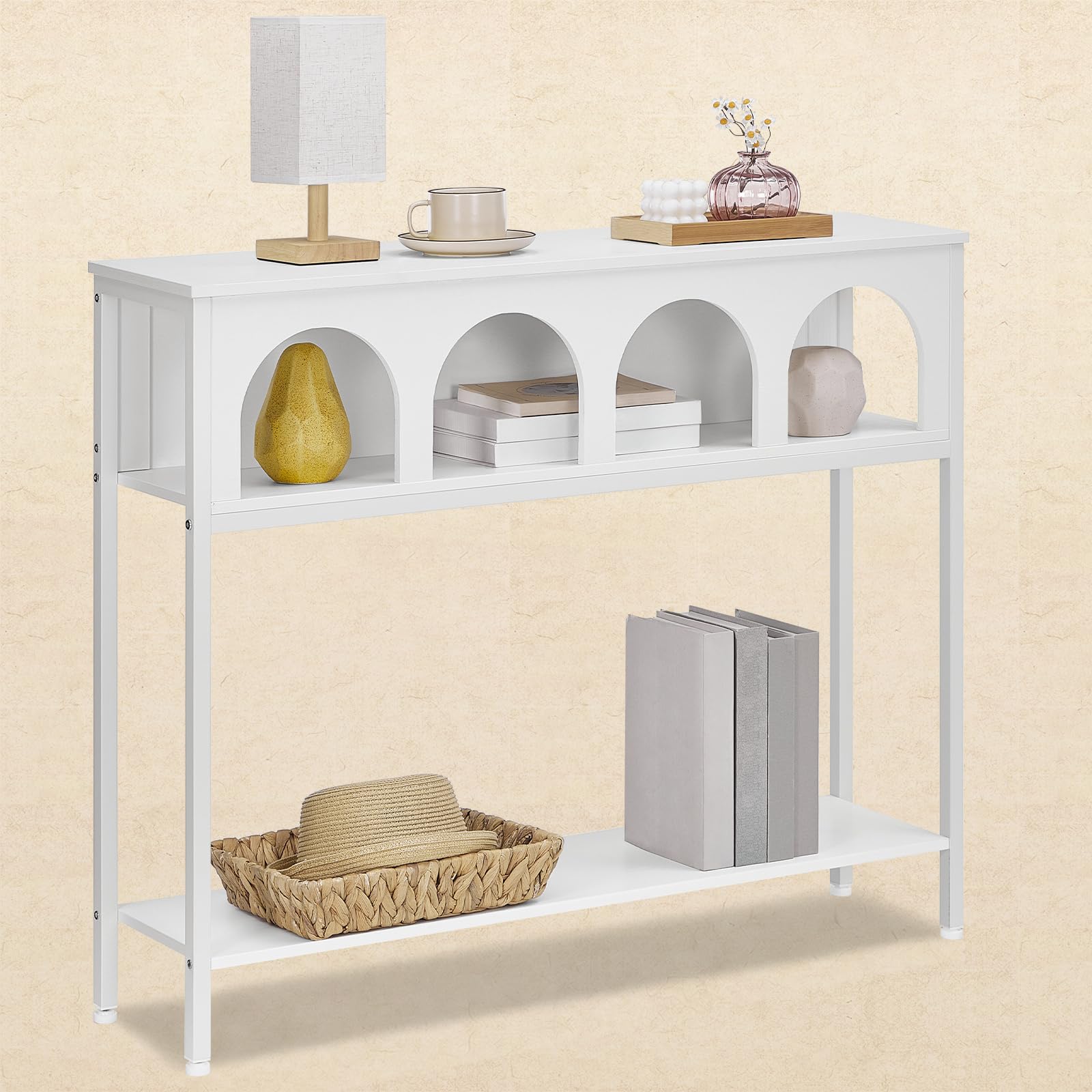 HOOBRO Schmaler Konsolentisch mit Bogendesign, Eingangstisch mit 3 Ablagen, Konsolentisch im Landhausstil, Beistelltisch, Sofatisch, Metallgestell, Flurtisch für Wohnzimmer, Flur, Weiß EWW106XG01