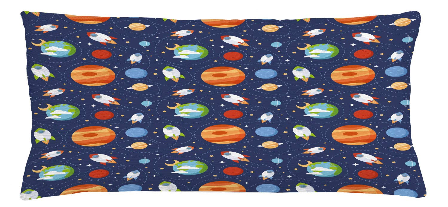 Lunarable Outer Space Throw Pillow Cushion Cover, Planets and Space Ships in Comic Form on a Night Blue Space Stars Space Routes, Decorative Rectangle Accent Pillow Case, 36