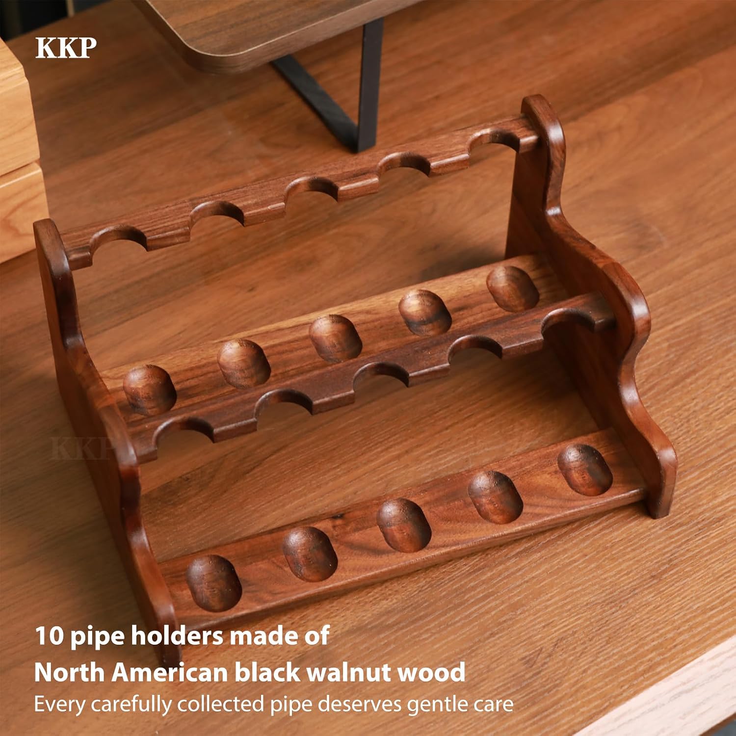kkp Wooden Tobacco Pipe Display Rack – 10-Slot Dual-Level Stand, Handmade from Solid Black Walnut – Great Gift for Pipe Smokers
