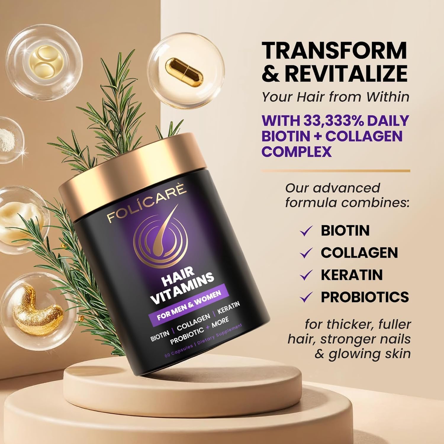 Hair Skin and Nails Supplement for Women & Men (2 Pack), w/Biotin to Support Healthy Hair, Biotin Supplement Pills w/Collagen + Keratin + Probiotics, Biotina para Cabello Piel y Uñas - Made in USA - Image 3