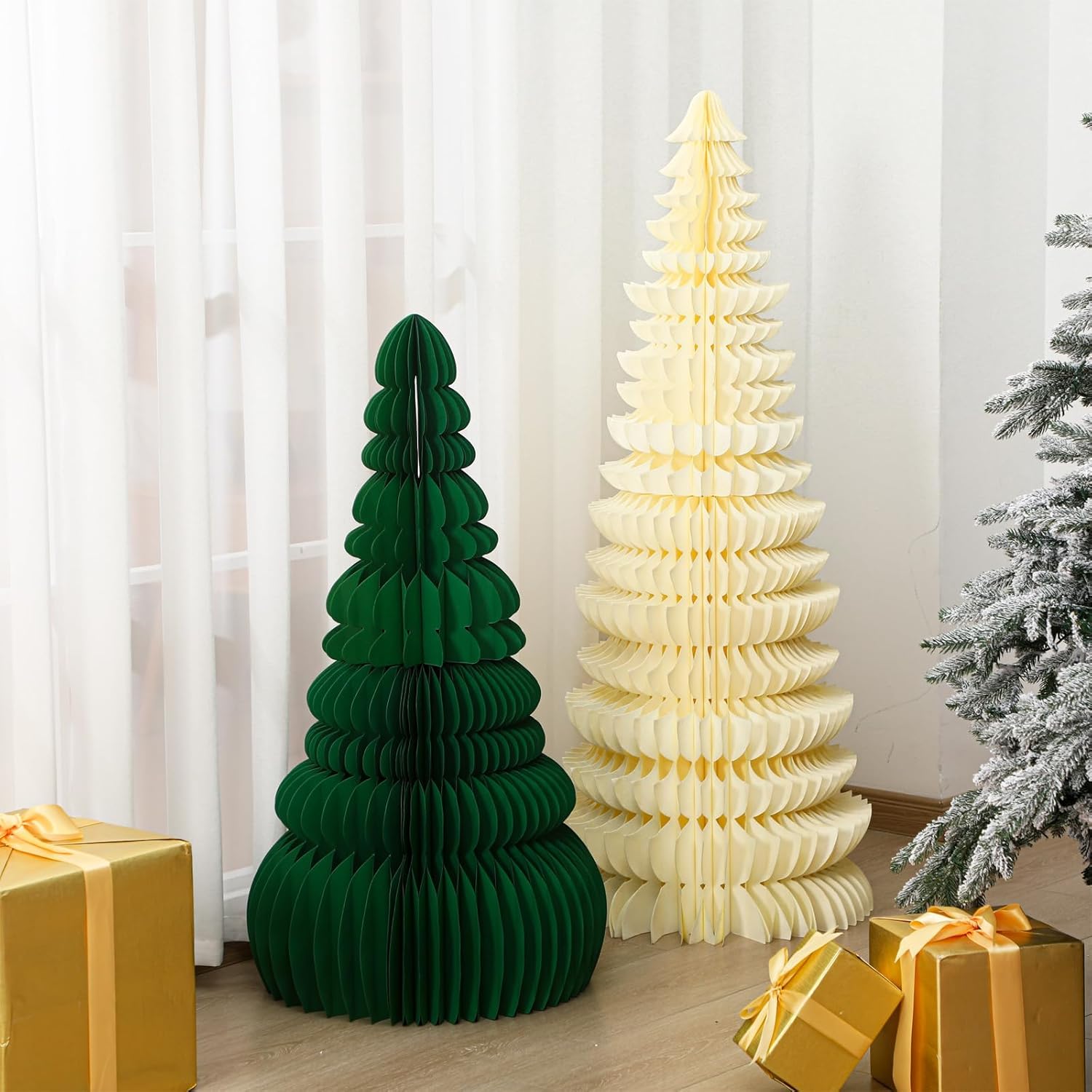 Leinuosen 2 Pcs 47'', 35'' Red, Green Large Paper Christmas Tree Decorations Cut Paper Christmas Tree Vintage Cut Xmas Decor Honeycomb Xmas Decoration for Festival Holiday Indoor Decor