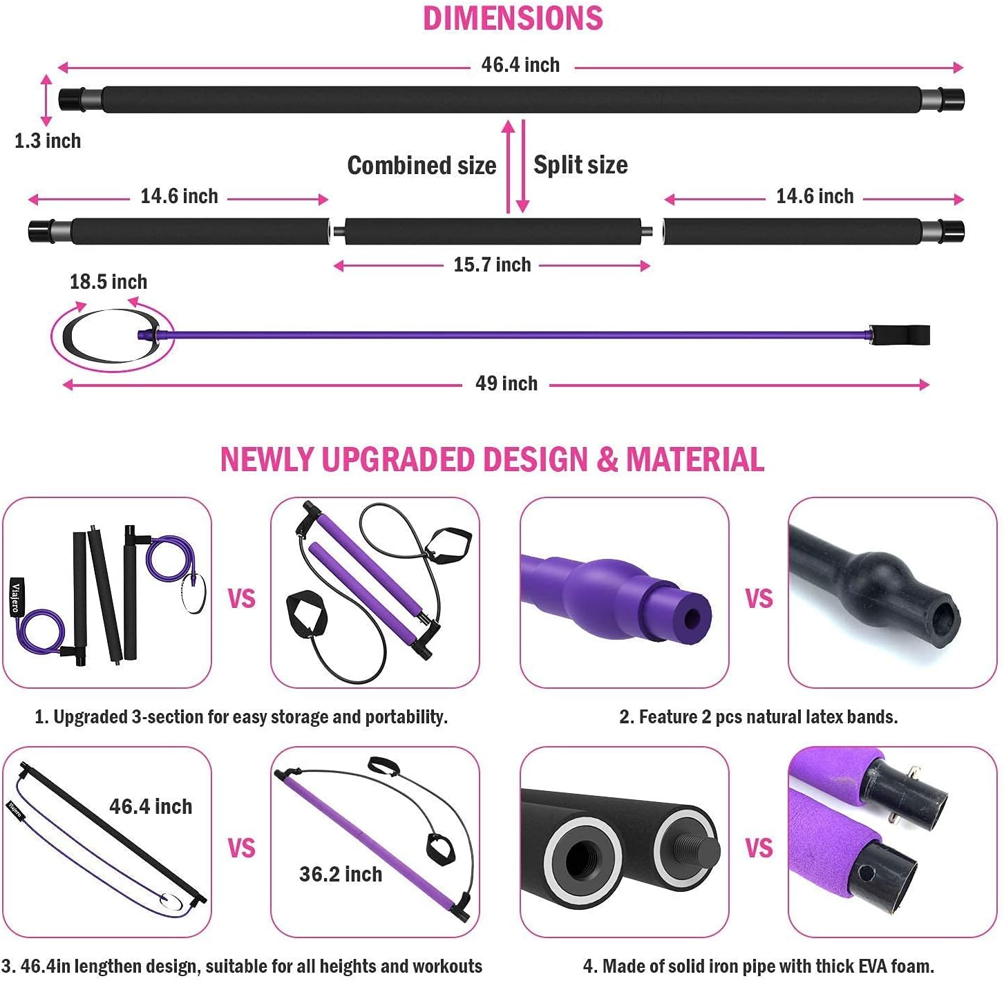 Viajero Pilates Bar Jump Rope, 2020 Upgraded 3-Section Pilates Bar Kit with 2 Powerful Latex Resistance Bands, All-in-one Home Gym Workout Equipment for Women and Men, Crossfit Fitness : Sports & Outdoors