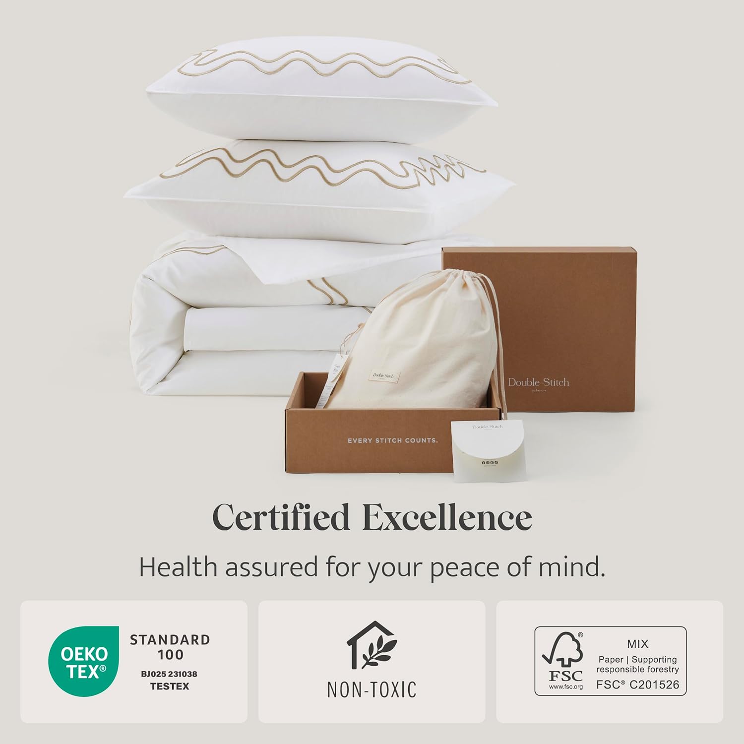 Double Stitch Supima Cotton Duvet Cover Set - 100% American Grown Cotton Embroidery Duvet Cover Queen, Luxury 600 Thread Count Sateen Weave, Hotel Quality Bedding Set, Sandstone, 90" x 90"