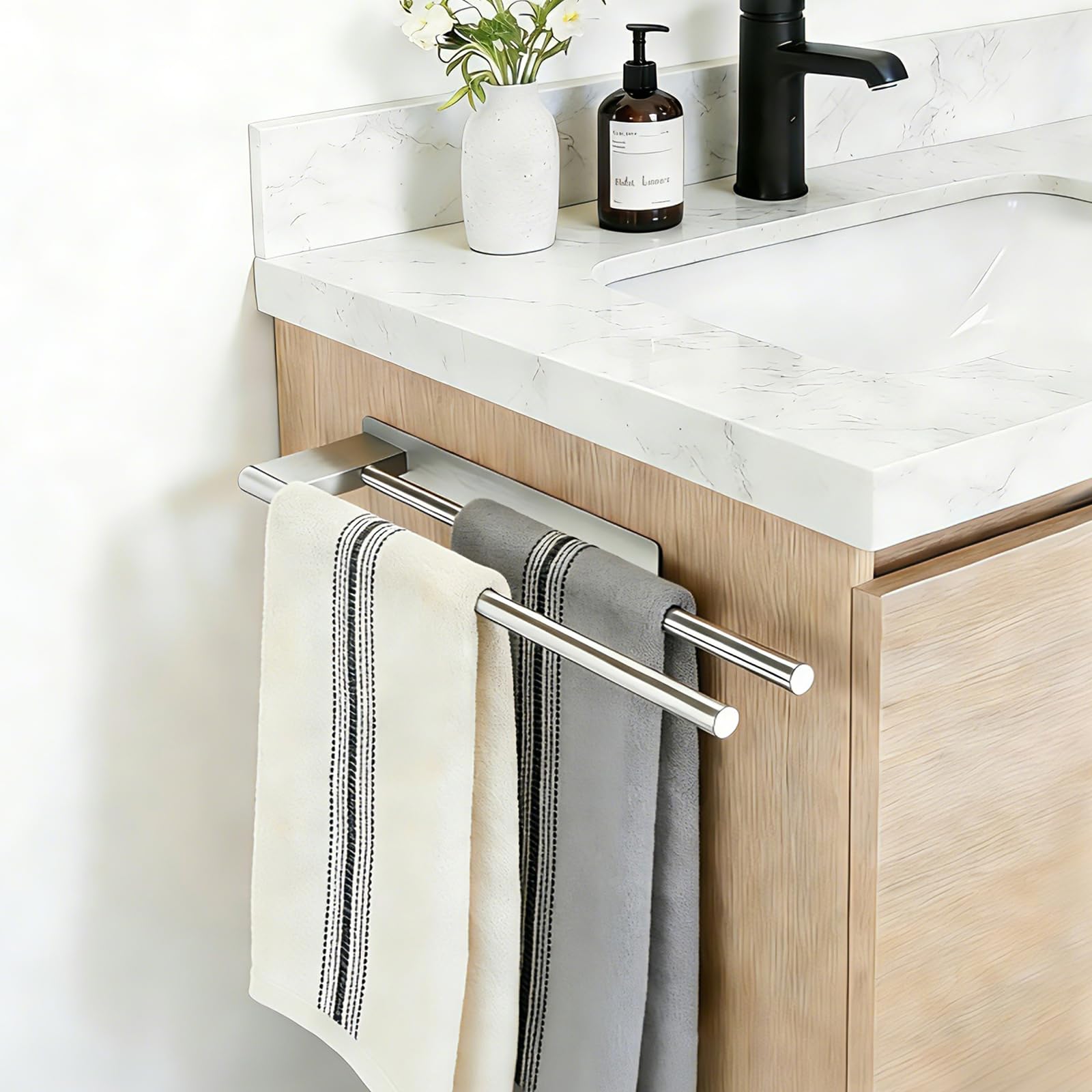 Towel Bar No Drilling 39cm SUS304 Stainless Steel Double Arm Wall Sticker for Bathroom Kitchen Silver