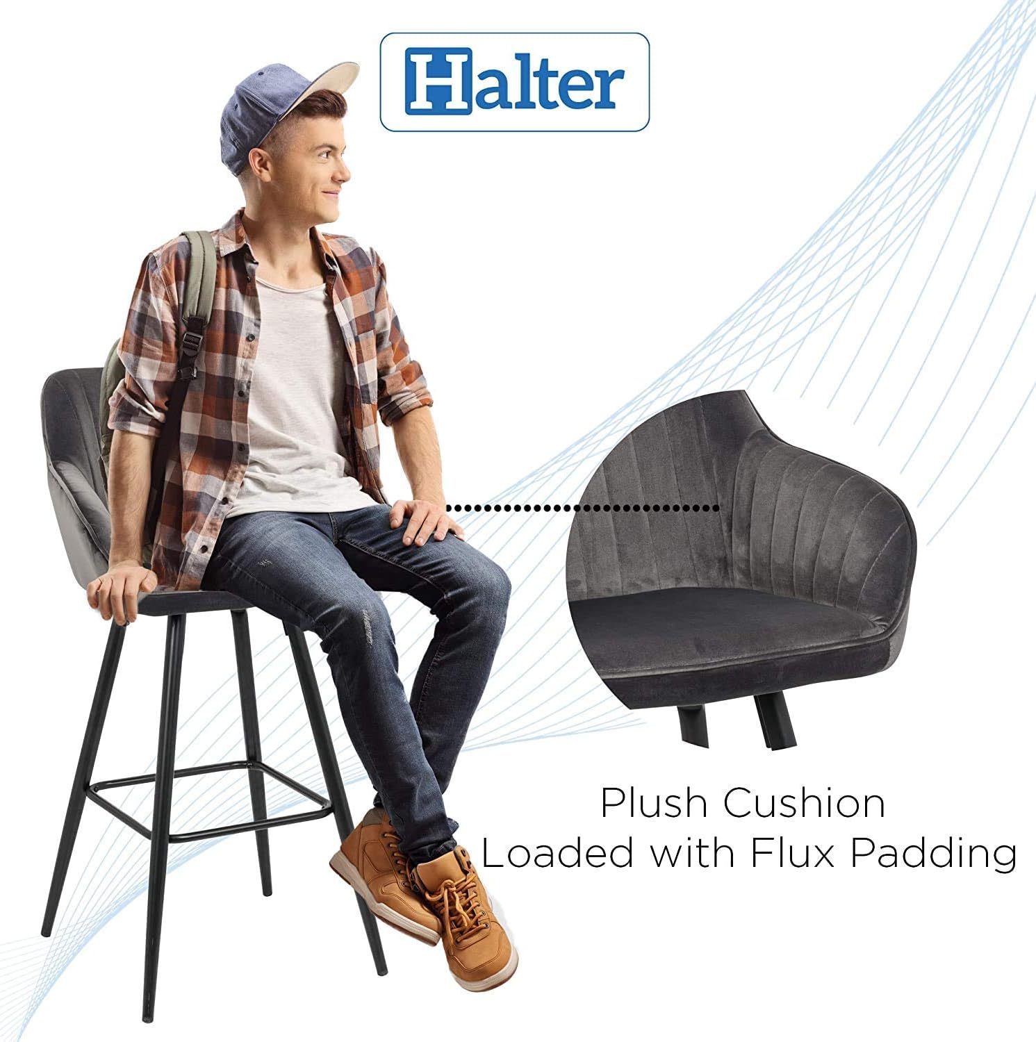 🛒 Flash Sale Halter Bar Stool with Back Support and Footrest, Upholstered Modern Bar Stools for Kitchen Counter, Plush Grey Fabric and Black Metal Frame, Kitchen Stools for Island or Counter, 40 Inch, (2 Pack).