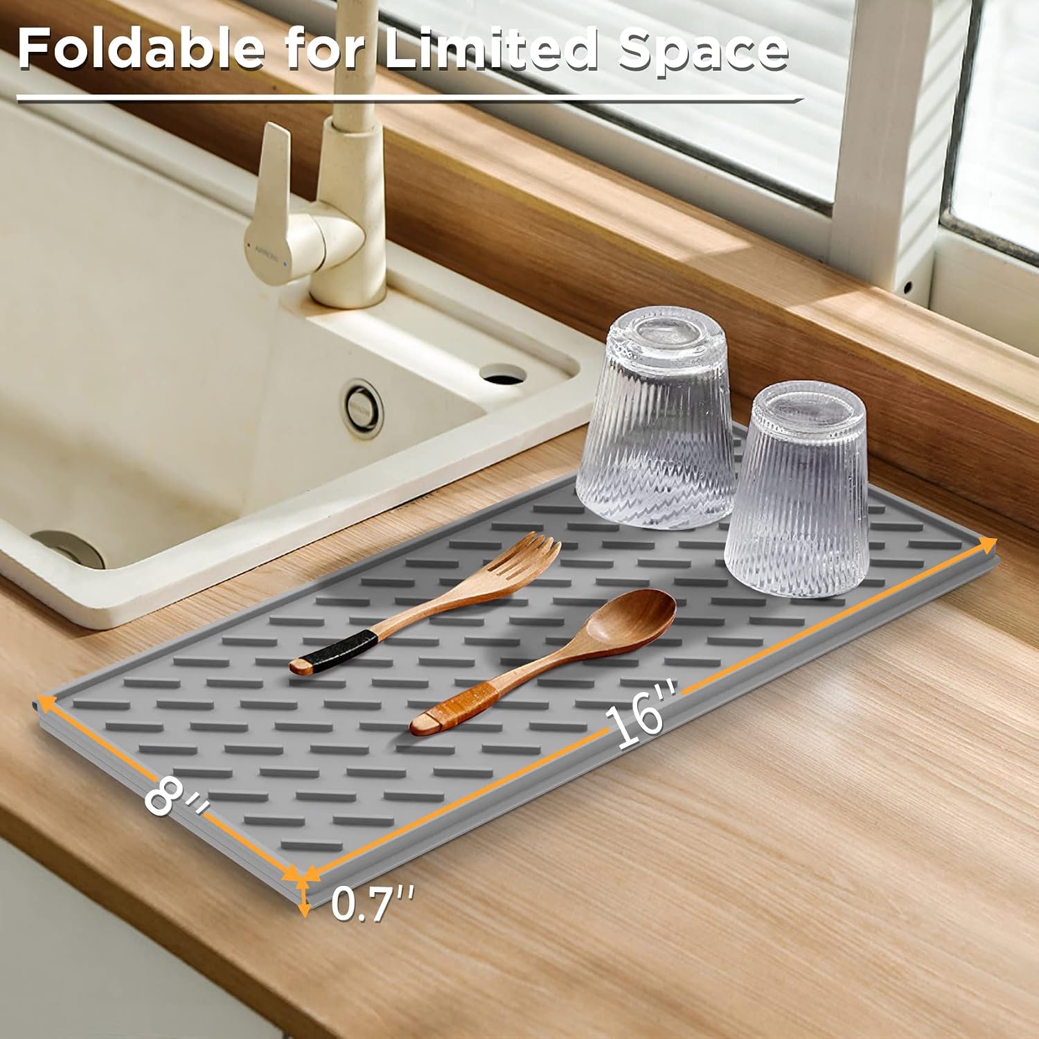 SOSMAR Silicone Drying Mat, 24” x 16”, Dish Drying Mat, Trifold Large Dish Drainer Mat for Kitchen Counter, Heat Resistant Hot Pot Holder, Non-Slip Silicone Sink Mat, BPA Free, Dish Washer Safe, Gray image 3