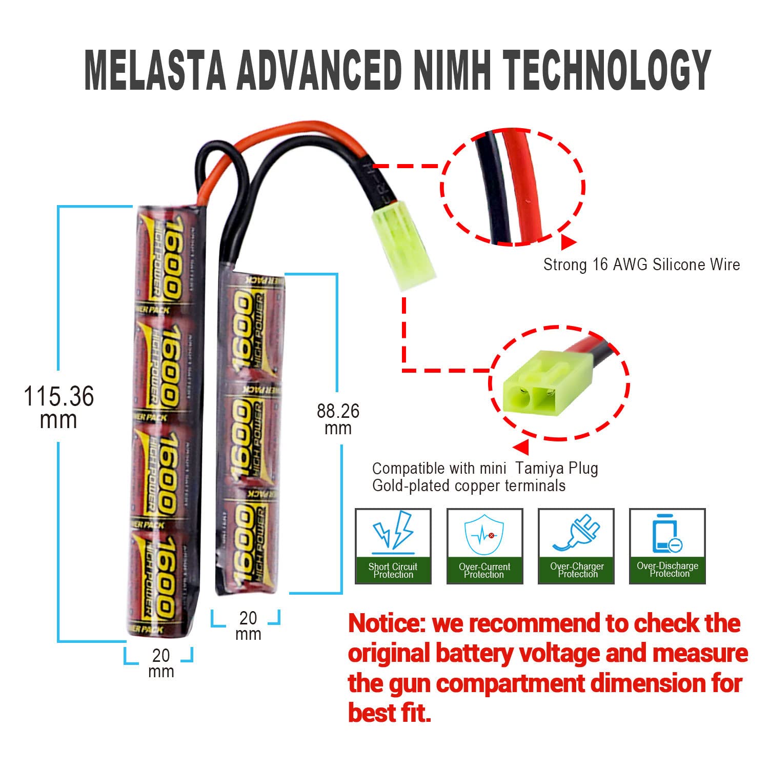 melasta 8,4V 1600mAh Airsoft Batterie NiMH Batterie avec Mini Tamiya Connecteur, Pistolet Airsoft Rifle, Nunchuck Batterie, 2PCS