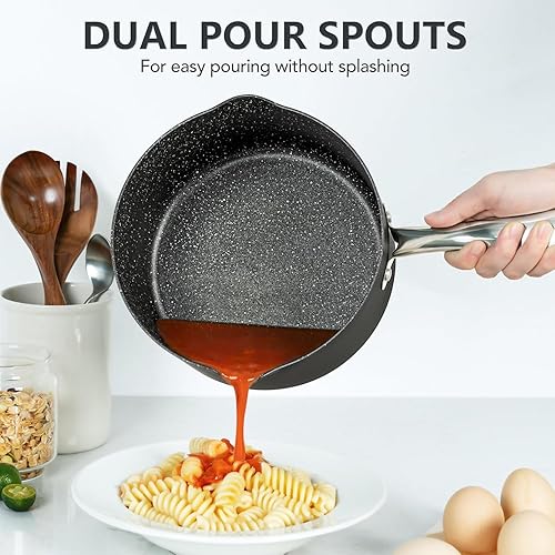 Miniatura 2 de MICHELANGELO 3 Quart Saucepan with Lid, Hard Anodized Nonstick Sauce Pan with Strainer Lid & Pour Spouts for Easy Pour, Granite Derived Coating