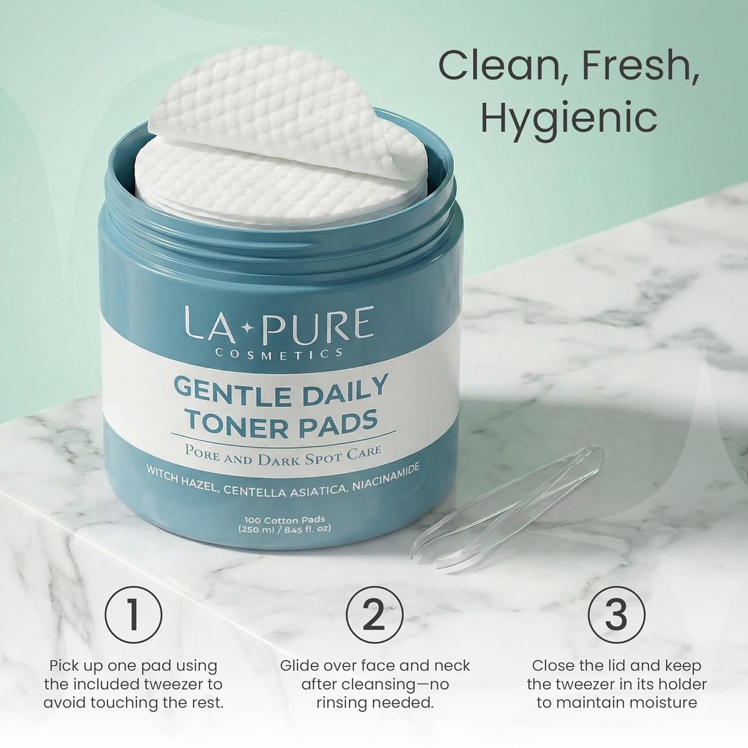 La Pure Korean Toner Pads, Large, 100 Ct, with Witch Hazel, Centella Asiatica & Niacinamide, Alcohol-Free, Gentle Exfoliating Pore & Dark Spot Care