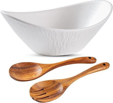 Ceramic Salad Bowls with Serving Utensils, Large Salad Bowls Set, 10" White Ceramic Fruit Bowls for Entertaining, Side Dishes, Pho, Pasta, Dinner Parties, Kitchen Decor, Microwave & Dishwasher Safe