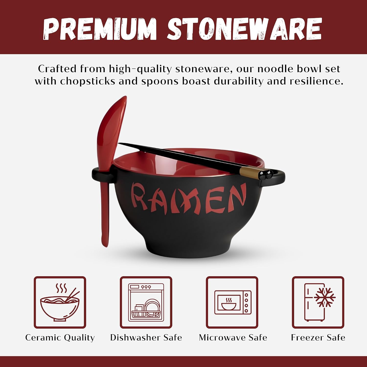 Ceramic Japanese Ramen Bowl Set of 2 with Chopsticks and Soup Spoons, 21 oz | Large Versatile Kitchenware with Built-in Spoon Rest Slot for Instant Noodle, Pho, Udon, Miso, Microwave and Dishwasher Safe