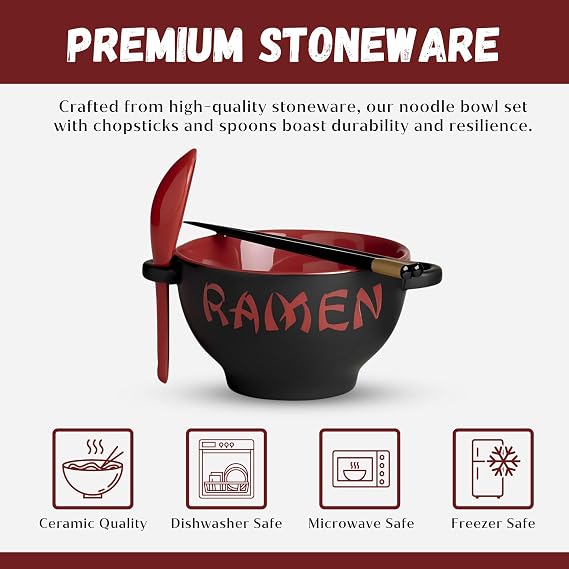 Ceramic Japanese Ramen Bowl Set of 2 with Chopsticks and Soup Spoons, 21 oz | Large Versatile Kitchenware with Built-in Spoon Rest Slot for Instant Noodle, Pho, Udon, Miso, Microwave and Dishwasher Safe