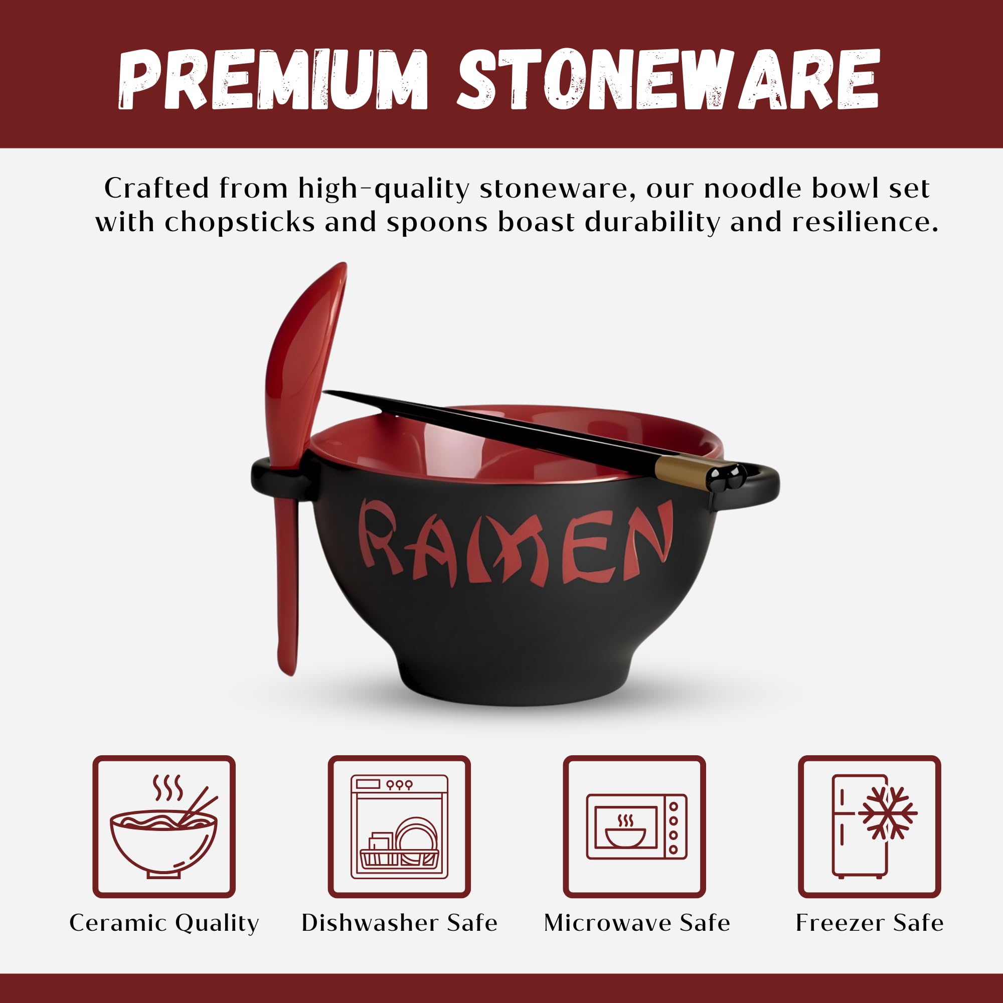 Japanische Ramenschüssel mit Essstäbchen und Suppenlöffeln, rotes Geschirr-Set für Geschenke, vielseitige Keramik-Suppenschalen für Reis, Miso, Pho, Udon-Nudeln und Instant-Ramen, große