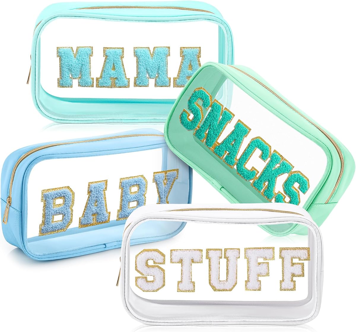 4 Pcs Mama and Baby Toiletry Bag Diaper Bags, Fresh Color | Clear Chenille Letter Bag Makeup Stuff Diaper Pouch Snacks Travel Preppy Transparent Pouch with Zipper for Women Gift