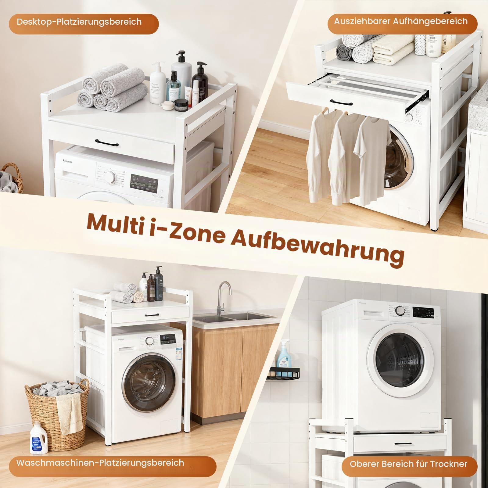 Waschmaschinenregal mit Auszug Wäscheständer 73x63x105cm 250 kg Tragfähigkeit Höhenverstellbarer Regal für Waschmaschine Regal über Waschmaschine Waschmaschinenschrank Badezimmer Balkon