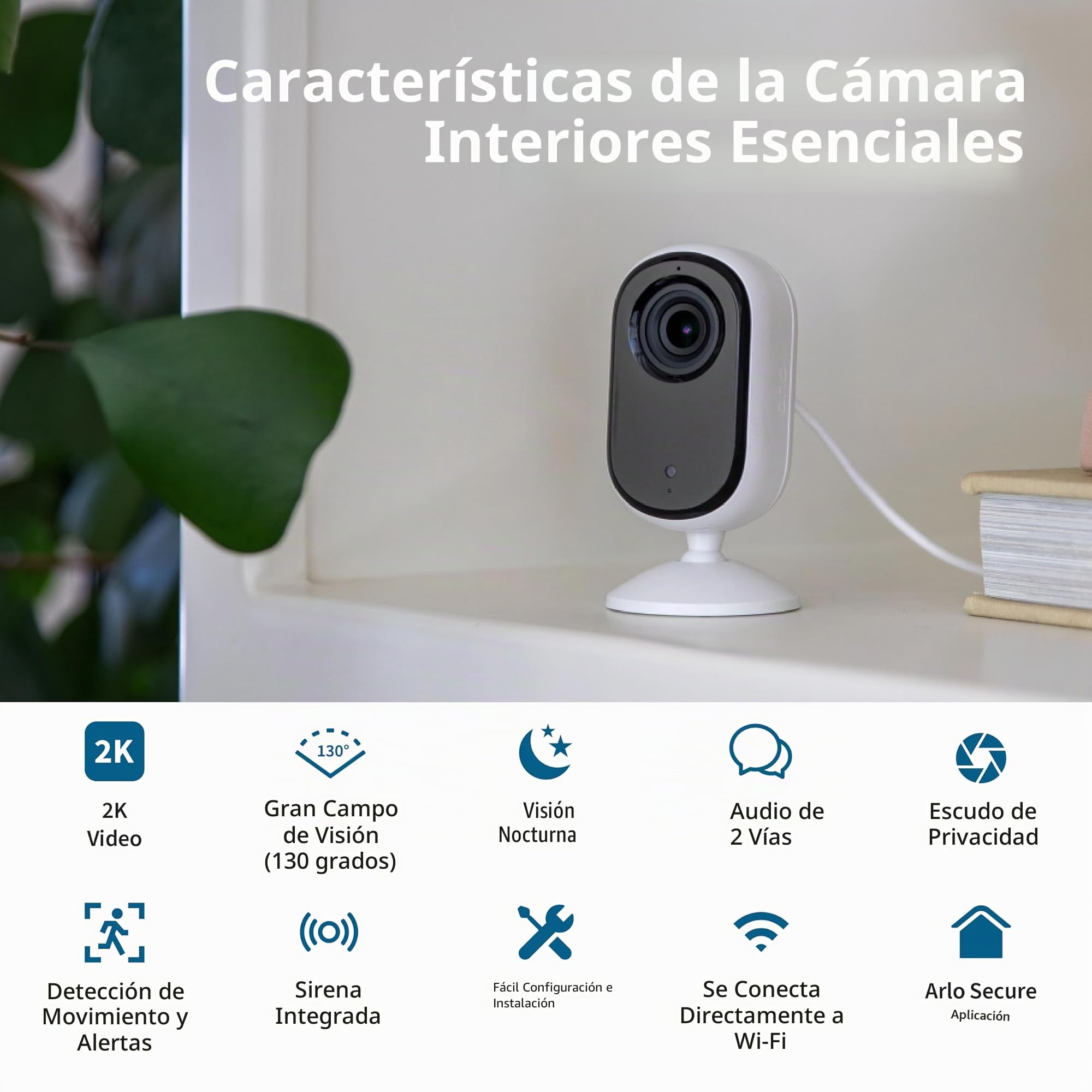 Arlo Essential - Cámara de Seguridad 2K para Interiores (2ª generación) - 1 Paquete - Seguridad para el hogar, Monitor de bebé, cámara para Mascotas, Sistema de cámara 2K, Blanco - VMC3060